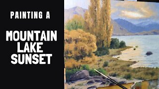 Painting a MOUNTAIN LAKE SUNSET - Landscape Painting Demo