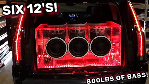 800lbs of BASS! Six 12's clear acrylic ported box loaded into the Caddy. First fire up!