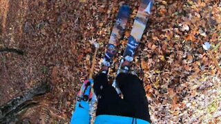 Jovem faz ski em folhas de outono
