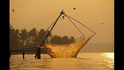 Fishing scene in village river