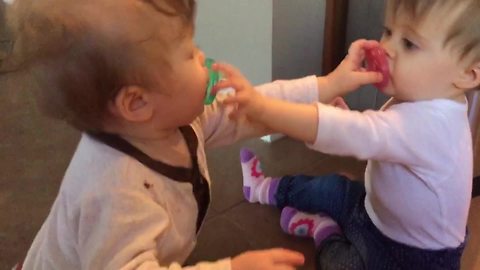 "Baby Twins Switch Off on Their Pacifiers"