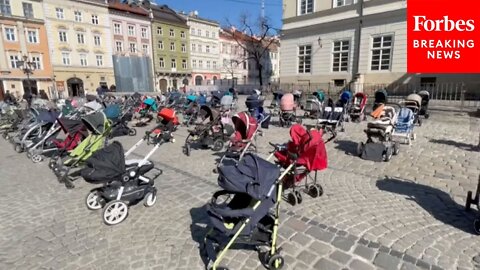 Over 100 Strollers Placed In Lviv, Ukraine, Represent Number Of Children Killed In Russian Attacks