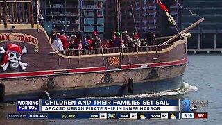 Children and their families set sail aboard Urban Pirate Ship in Inner Harbor
