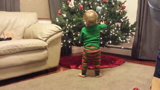 Bebé Elfo ajuda a decorar a árvore de natal