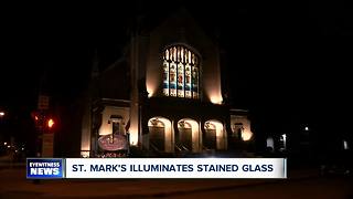 St. Mark's stained glass windows lit dusk to dawn