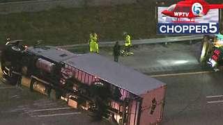 Large truck flips on I-95 SB in Boca Raton, blocking 3 lanes