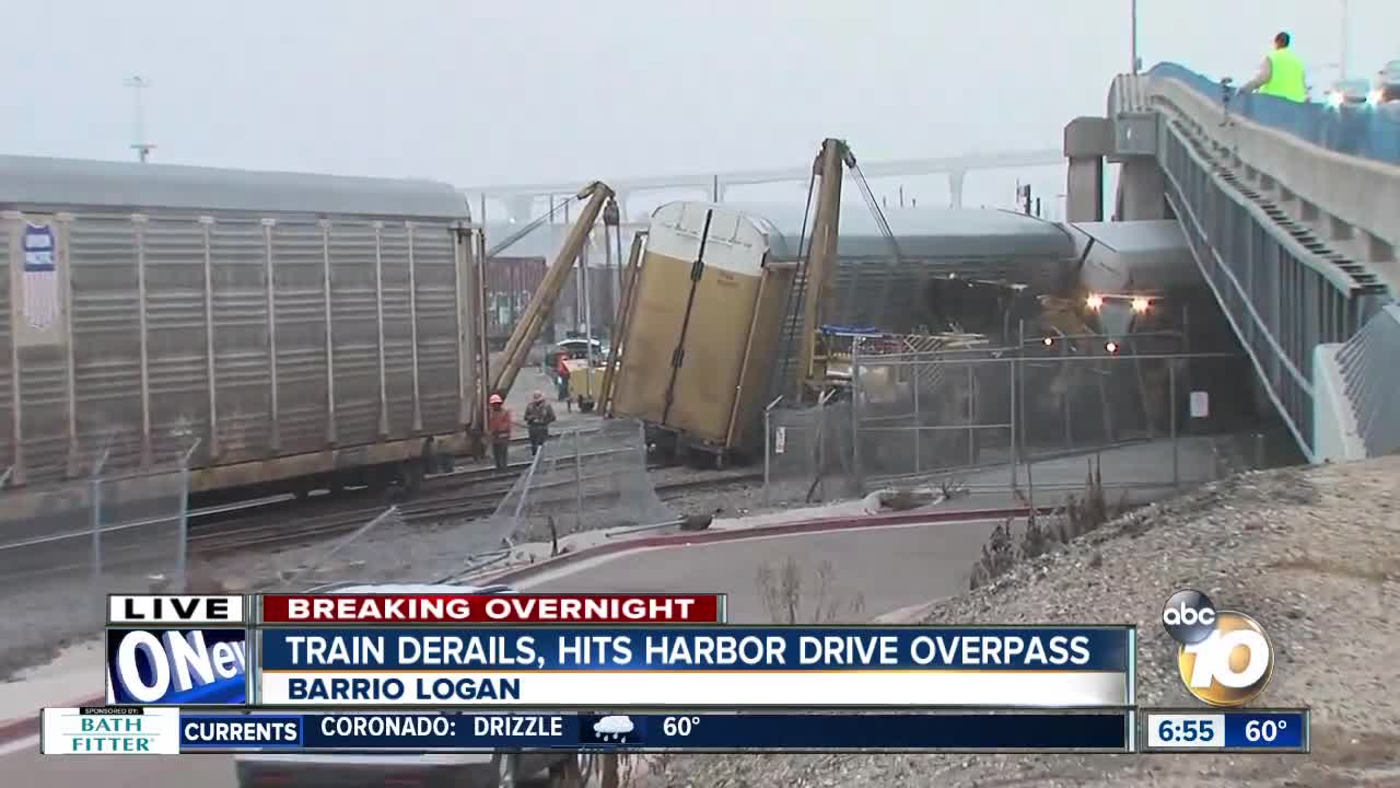 Train derails in Barrio Logan area, strikes overpass