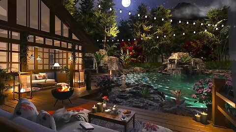 Zen Garden | Night Ambience | Wind Chimes, Waterfall, Firepit & Tropical Nature Sounds