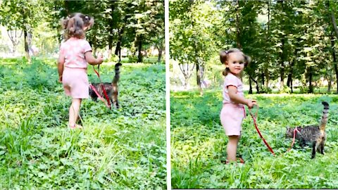 Cute Baby Walking a Cat