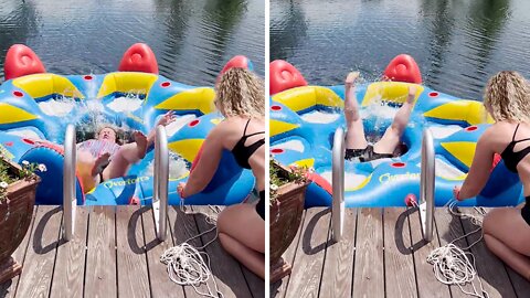 Epic Fails: Woman Falls Right Through Pool Float Hole
