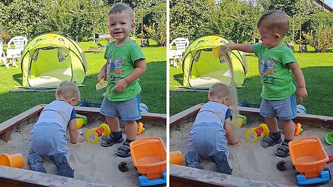 Big Brother Playfully Spills Sand On Little Brother's Head
