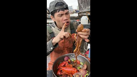 Chinese Fishermen Eating Chinese Sea Food