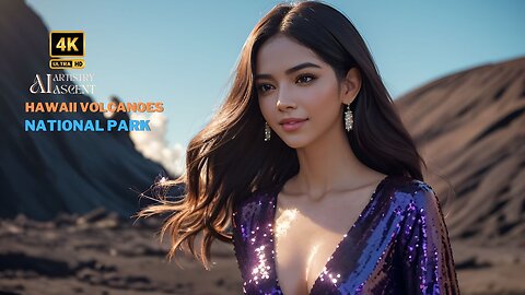 4K AI Artistry Lookbook Model in Hawaii Volcanoes National Park: Diva Deep V-Neck Sequin Gown