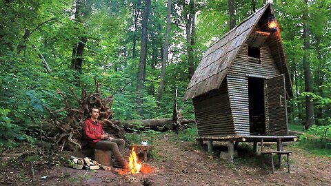 Building Bushcraft Cabin in the Wilderness from Start to Finish. Roasting Сhicken, Off Grid
