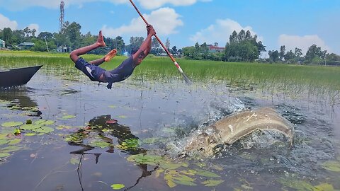 Rain season Flood Water By Boat Jumping Fish Catching Video! Traditional & Best Boat Fishing Skill