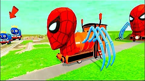 Big & small spider man cars vs big & small friend rainbow train with portal trap and rails - BeamNG
