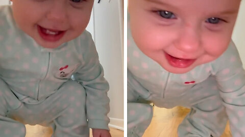 Baby adorably steals her Mom's phone, Runs and Laughs