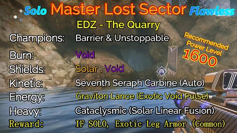 Destiny 2 Master Lost Sector: EDZ - The Quarry on my Warlock Solo-Flawless 11-28-22