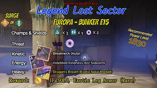 Destiny 2 Legend Lost Sector: Europa - Bunker E15 on my Solar Hunter 1-4-24