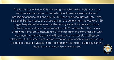 Illinois State Police warn of 'National Day of Hate,' urge public vigilance