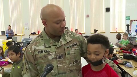 Returning military father surprises son at Severn Elementary School