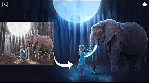 Dramtic & Fantsy Photoshop Manipulation Girl with Elephant in Dark Forest
