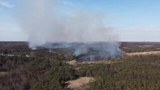 Drone footage of large wildfire in Owings Mills