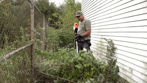 ABANDONED BUILDING CLEANUP! TOUGH TEST: Battery Brush Cutter & Tiny Chainsaw