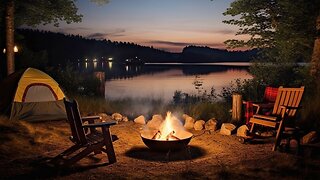 Relaxing lakeside bonfire at sunset - with crickets, owls and water sounds to relax you