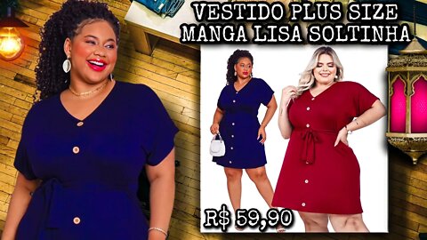 🛑 VESTIDO PLUS SIZE LISO MANGA SOLTINHA LAÇO DETALHES BOTÕES MODA