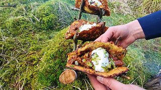 Very Crunchy Hash Browns with Chicken and Bacon cooked in nature ! ASMR Cooking