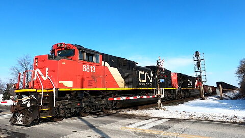 CN 8813 & CN 8913 Engines Manifest Train Westbound In Ontario