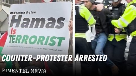 Counter-protester arrested shortly after revealing 'Hamas is terrorist' placard in London