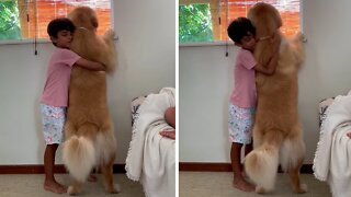 Little Boy Hugs His Doggy Best Friend