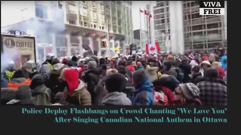 Ottawa Police deploy flash bang grenades as crowd chants we love you after national anthem 2:08