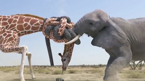Giraffe and elephant fight for water