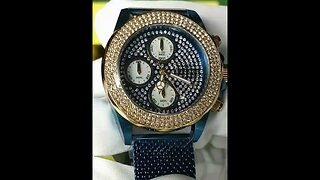 women & ladies crystal watch with mother of pearl dial & blue mesh bracelet