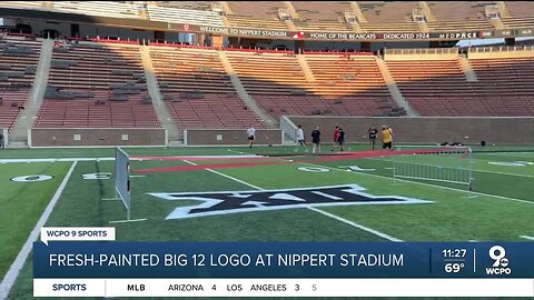 Fresh-painted Big 12 logo on the field at Nippert Stadium
