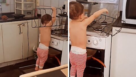 Mischievous Toddler "Helps Out" Mom With The Cleaning