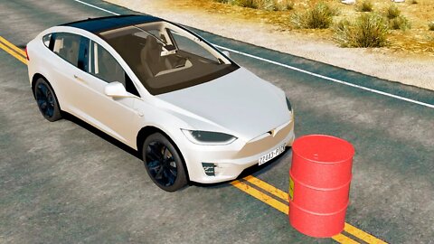 Tesla Model X vs Explosive Barrel – BeamNG.Drive