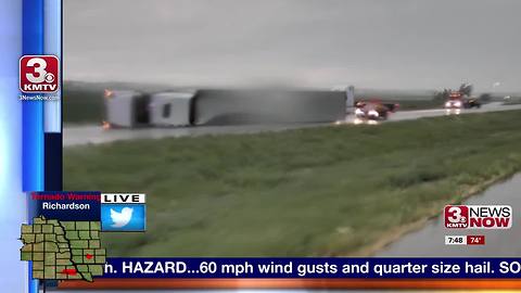 Several semi-trucks blown off Interstate 29 near Thurman, Iowa