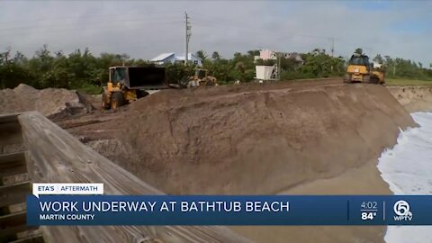 Dunes reinforced on Bathtub Beach after battering from Tropical Storm Eta