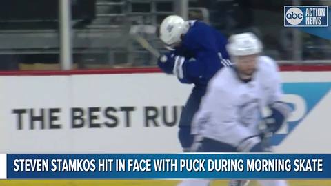 Lightning's Stamkos hit in face with puck during morning skate