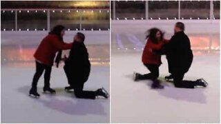 Woman falls during wedding proposal on ice skating rink