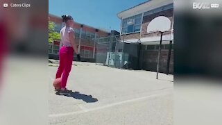 Gymnast shoots hoops every which way she can