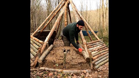 Building a Hunter Hut with a Fireplace - Bushcraft Shelter from Wood and Clay