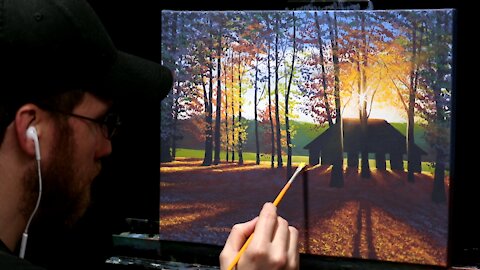 Acrylic Landscape Painting of Fall Forest & Pavilion - Time-lapse - Artist Timothy Stanford