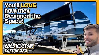 Toy Hauler with a Big Kitchen, Living Room, Garage, and Bathroom! 2023 Keystone Raptor 424