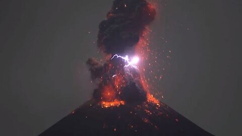 volcano eruption with lightning in Indonesia