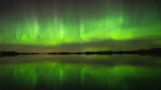 Bright northern lights fill the springtime sky in Alberta